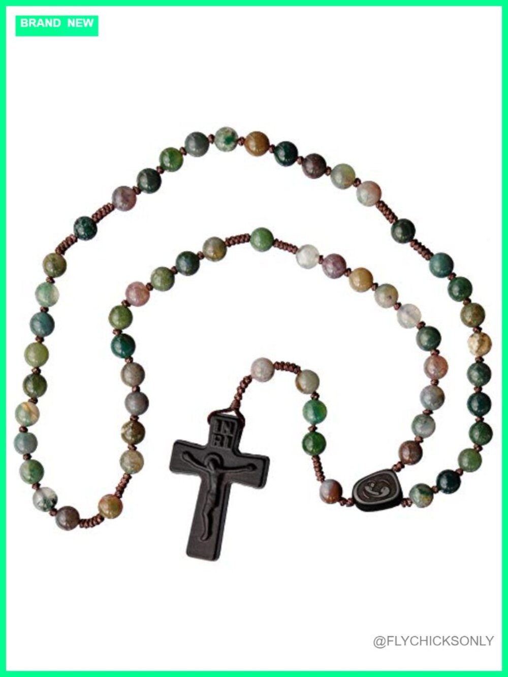 Onyx Beaded Rosary Necklace Jujube Wood Crucifix 13" Catholic Prayer Beads